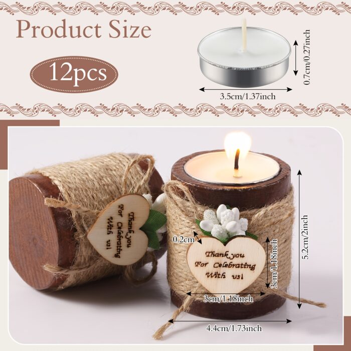 12pcs Rustic Wooden Tealight Candle Holders with Tea Lights | Cylinder Bridal Shower Wedding Baby Shower Party Favors Gift Pack (Brown) - Image 4