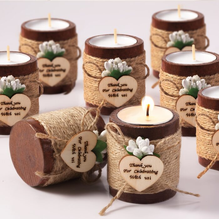 12pcs Rustic Wooden Tealight Candle Holders with Tea Lights | Cylinder Bridal Shower Wedding Baby Shower Party Favors Gift Pack (Brown)